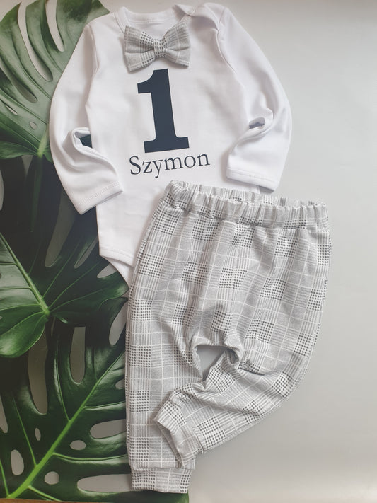 Ubranko na pierwsze urodziny Elegancki komplet dla chłopca szara krata
