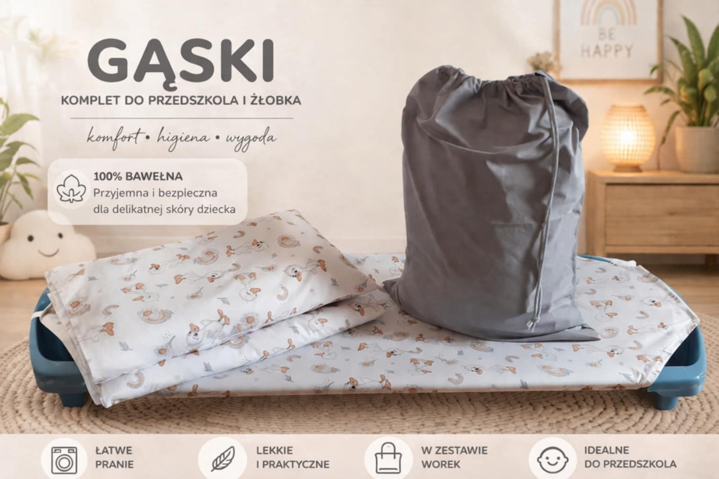 Pościel do Przedszkola i Żłobka 100% Bawełna Handmade + Worek 4el.