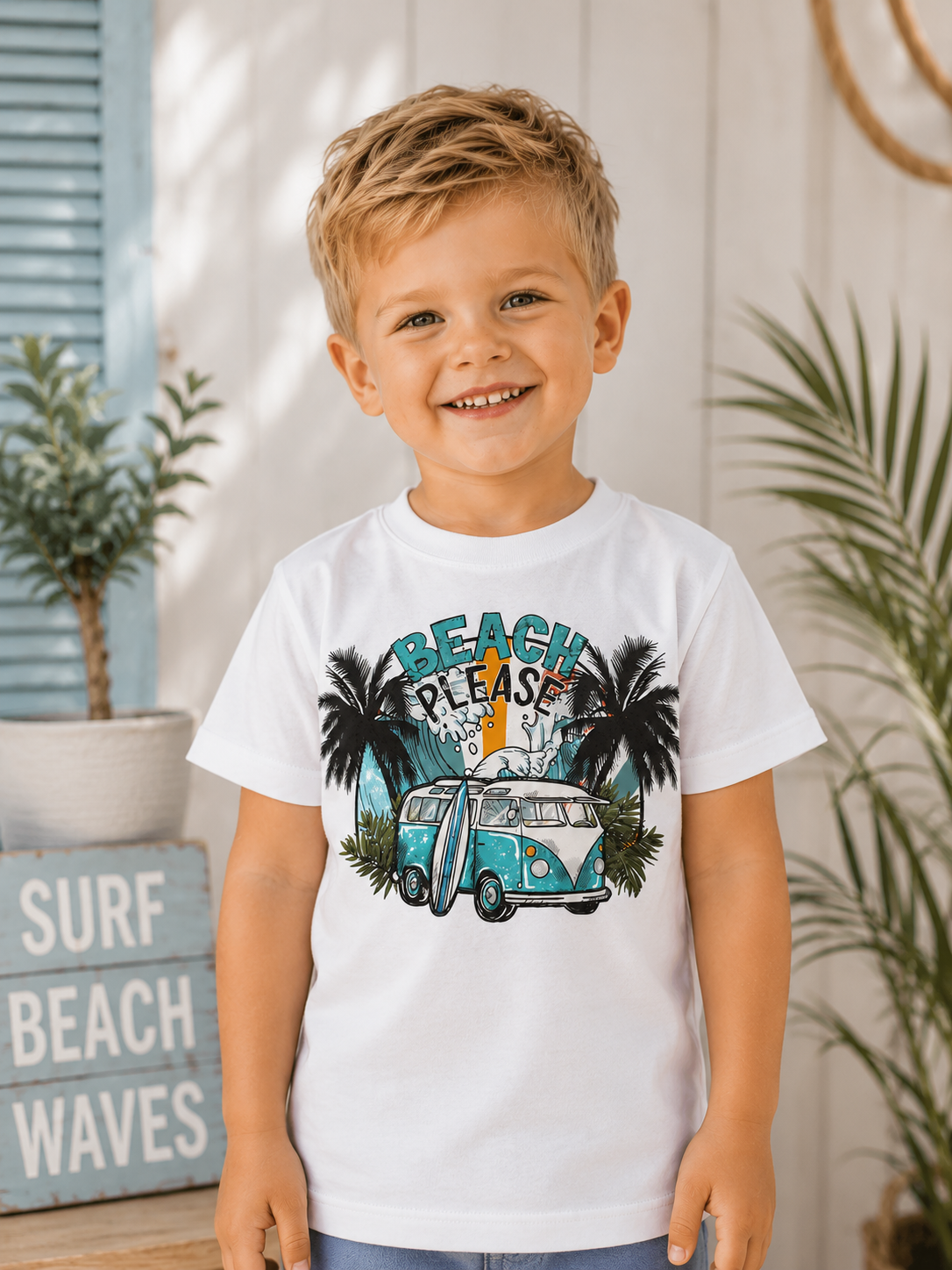 T-shirt chłopięcy BEACH PLEASE – biały