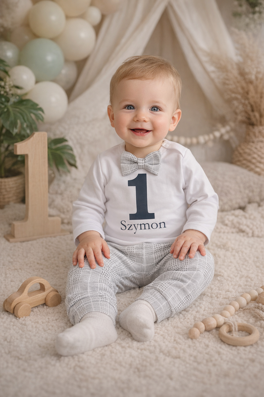 Ubranko na pierwsze urodziny Elegancki komplet dla chłopca szara krata