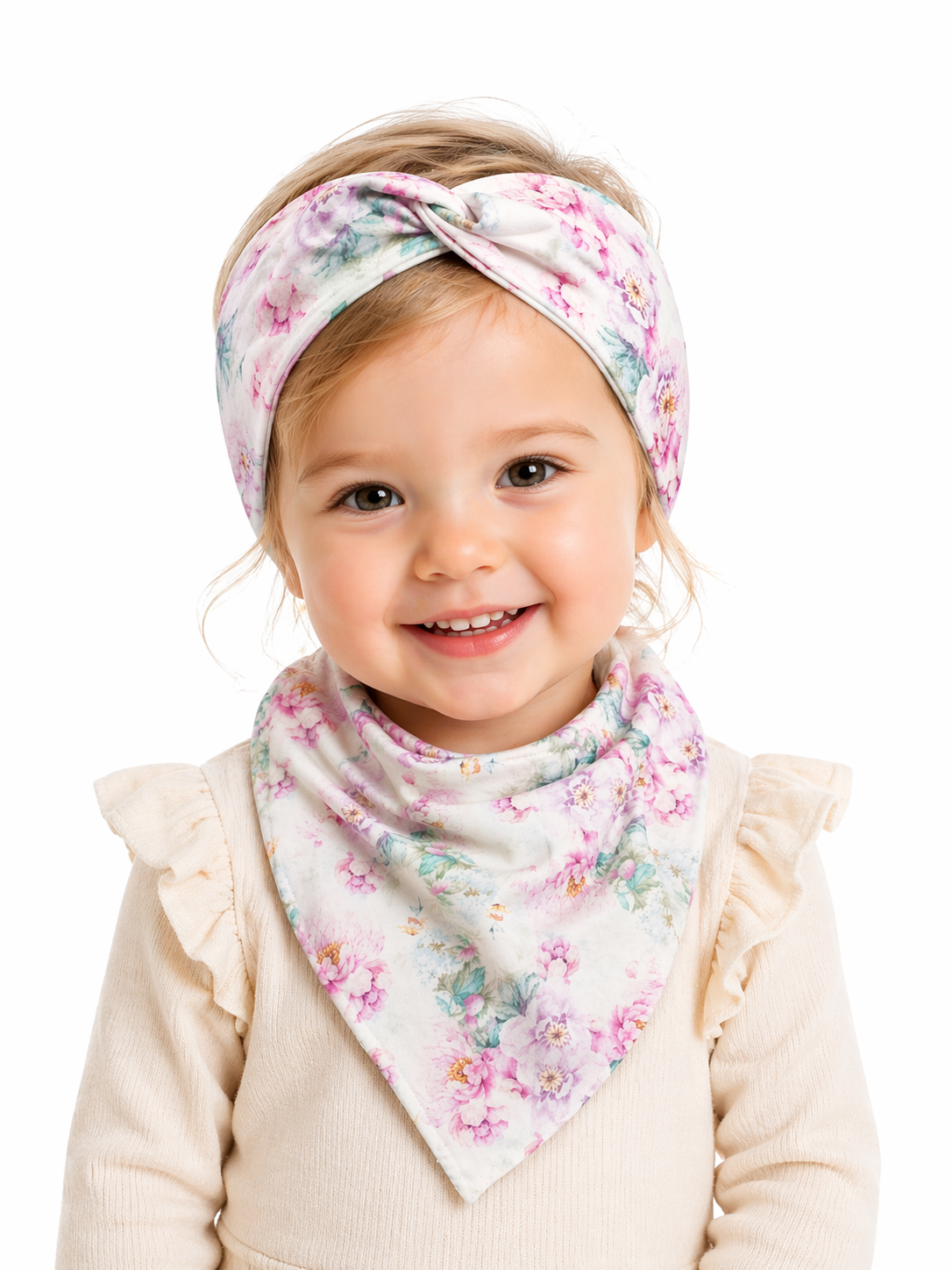 Pastel Peony Garden – Komplet Handmade dla Dziecka | Opaska Twist i Chusta