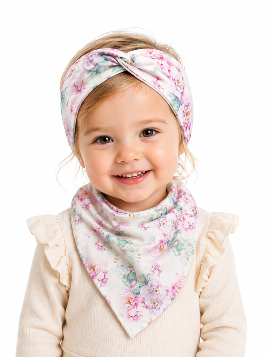 Pastel Peony Garden – Komplet Handmade dla Dziecka | Opaska Twist i Chusta
