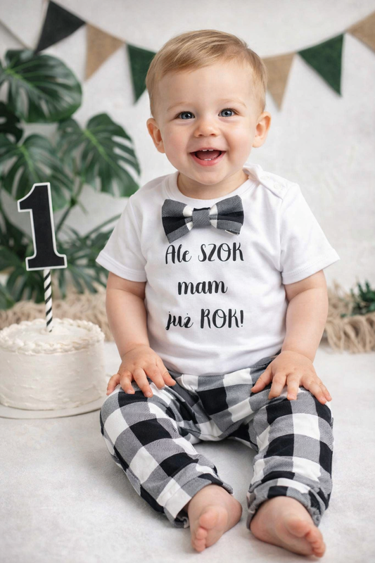 Elegancki komplet dla chłopca roczek sesja zdjęciowa krata beżowa