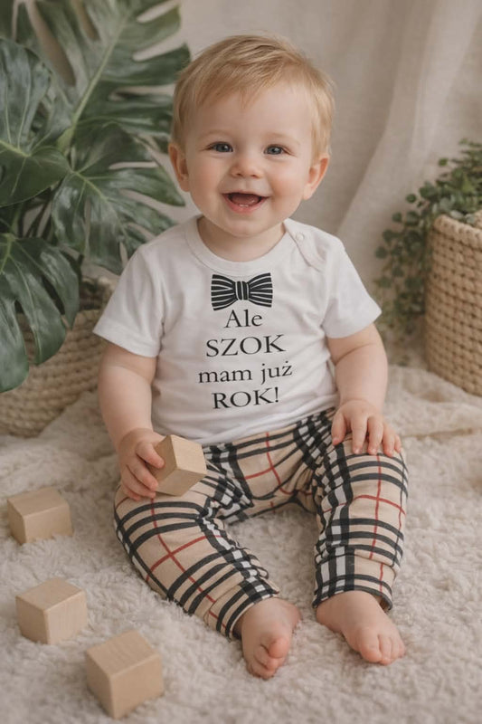 Komplet niemowlęcy na roczek – body „Ale SZOK mam już ROK!" + spodnie w kratę