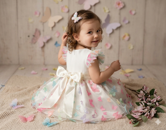 Sukienka dla dziewczynki na wesele/chrzest – Motyle 3D i satynowa kokarda