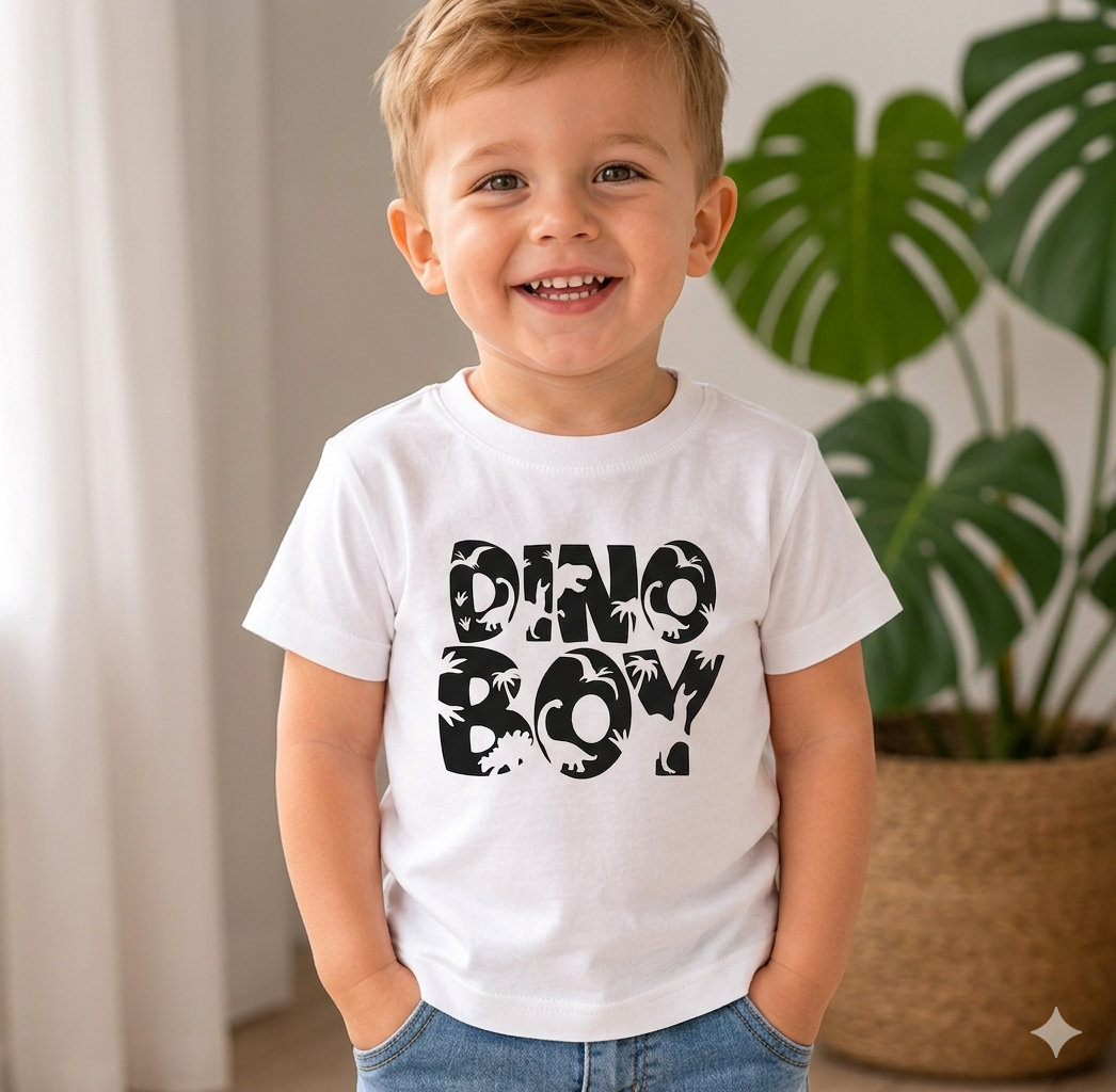 Dziecięca Koszulka Bawełniana z Nadrukiem „DINO BOY” – Biała