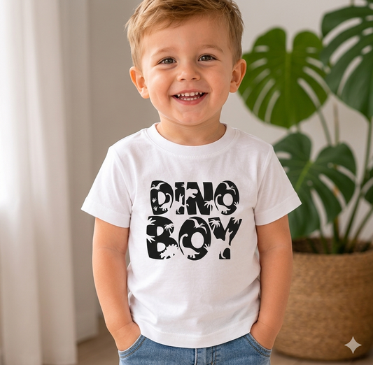 Dziecięca Koszulka Bawełniana z Nadrukiem „DINO BOY” – Biała