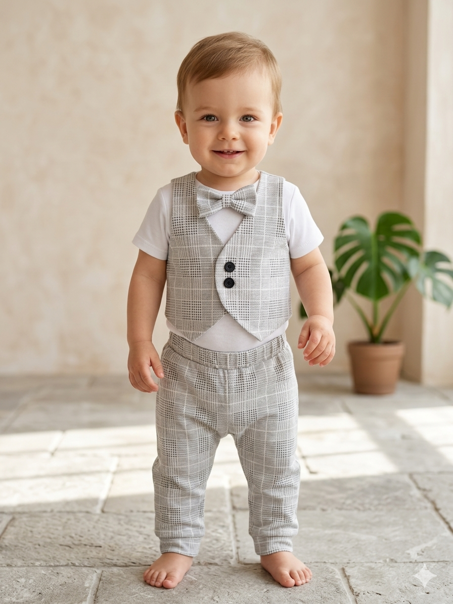 Elegancki komplet dla chłopca – kamizelka w kratę + spodnie | Styl Gentleman Baby