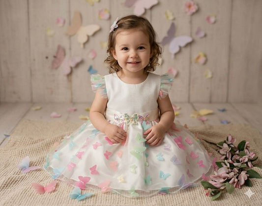 Sukienka dla dziewczynki na wesele/chrzest – Motyle 3D i satynowa kokarda