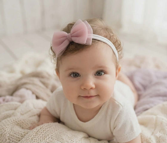 Bezuciskowa opaska dla dziewczynki z kokardką - pudrowy róż - bestseller - rozmiar uniwersalny