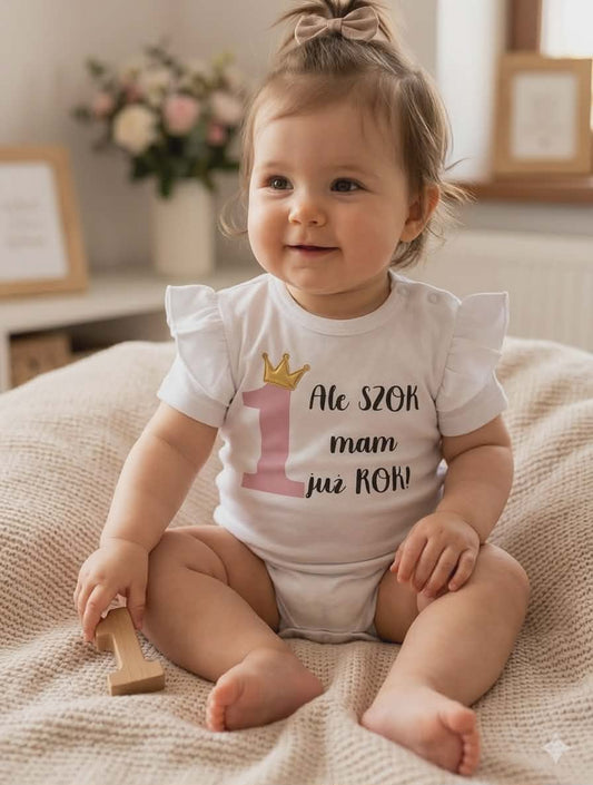 Body na roczek dziewczynka handmade polski produkt MAM JUŻ ROK falbanki