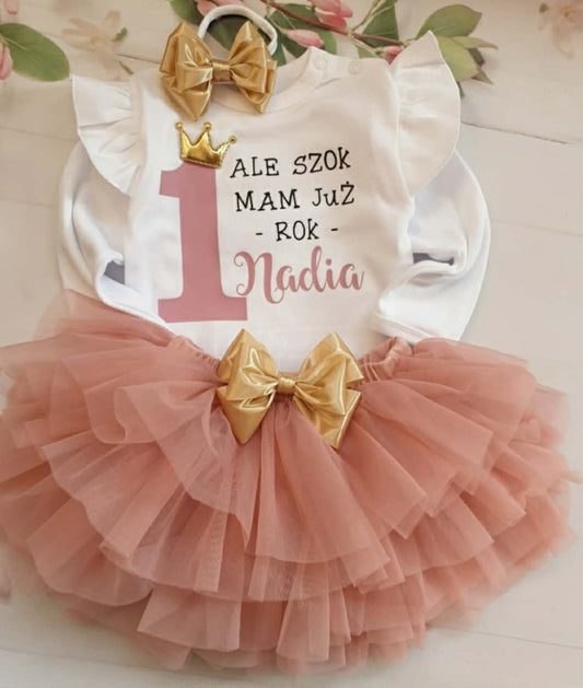 Komplet na roczek dla dziewczynki 👑 Body + tutu | personalizowany | handmade