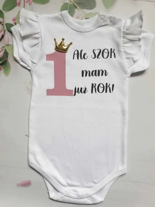 Body na roczek dziewczynka handmade polski produkt MAM JUŻ ROK falbanki