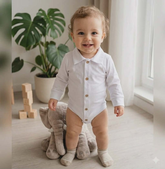 Eleganckie Body Koszulowe z Kołnierzykiem i Drewnianymi Guzikami – Cotton Premium White