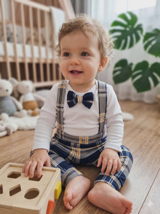 Elegancki komplet dla chłopca krata szelki na roczek wesele